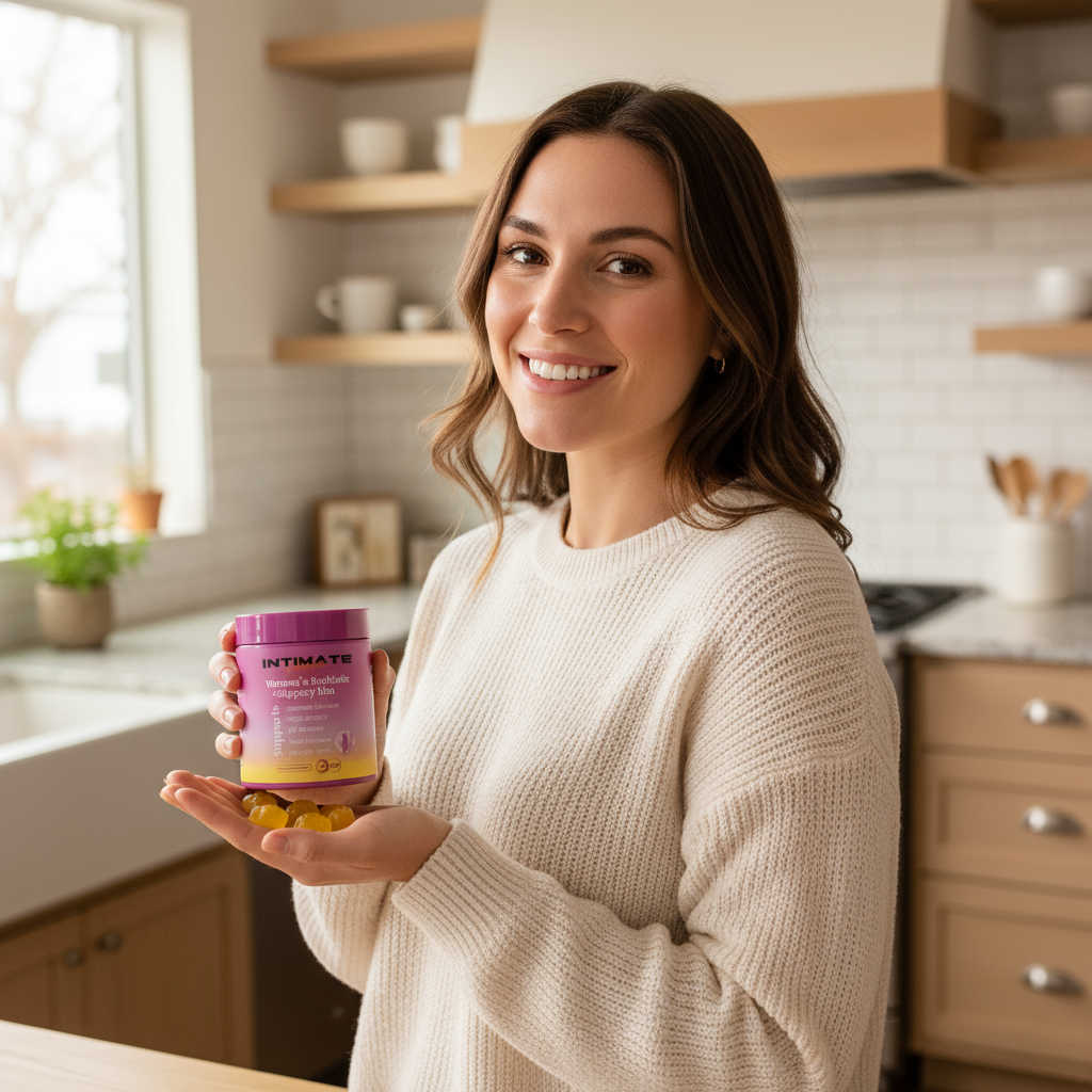 Ultra-realistic woman in kitchen with intimate women's gummies